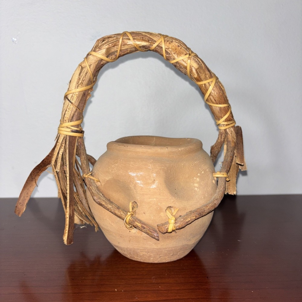 Handcrafted Folk Art Clay Pottery Vase Basket Rustic Husk Handle Philippines